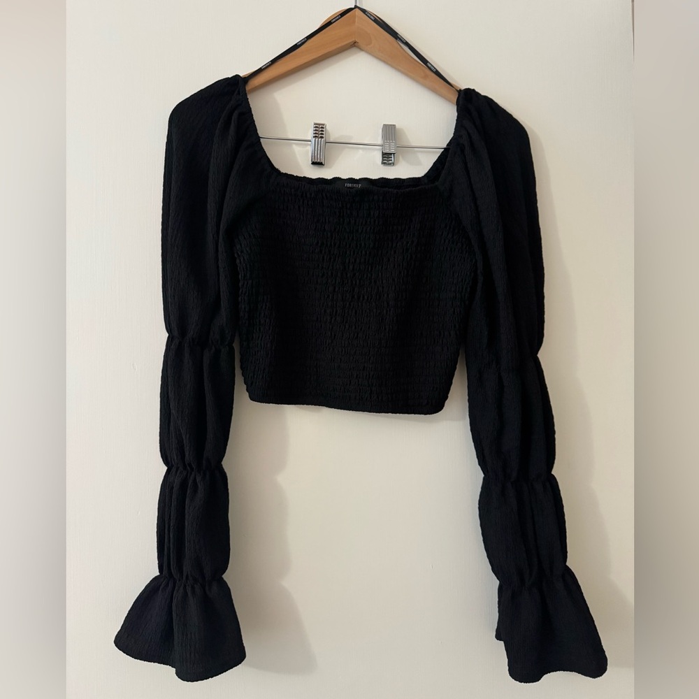 Forever 21 Black Smocked Cropped Blouse